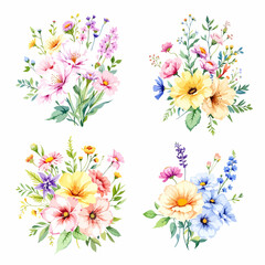 Fototapeta premium Set of watercolor flowers on white background 