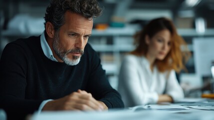 A serious man deep in thought and a woman in a creative workspace, showcasing collaboration and concentration in a professional environment among design and architecture.