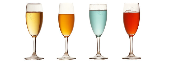 A row of four wine glasses filled with different colored drinks.