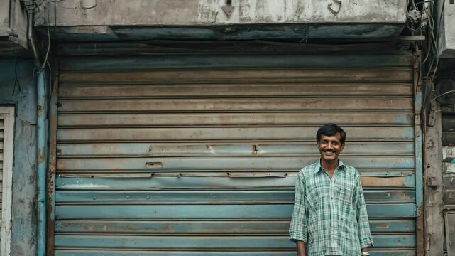 Indian shopkeeper standing in front of the closed rolling shutter of his shop, probably during a holiday or a strike, in a typical street of India
