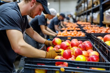 Volunteers Sorting Red Apples in a Food Bank Warehouse