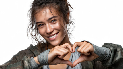 Warmth of the Heart: A young woman with a natural smile forms a heart shape with her hands, radiating warmth, affection, and youthful optimism.
