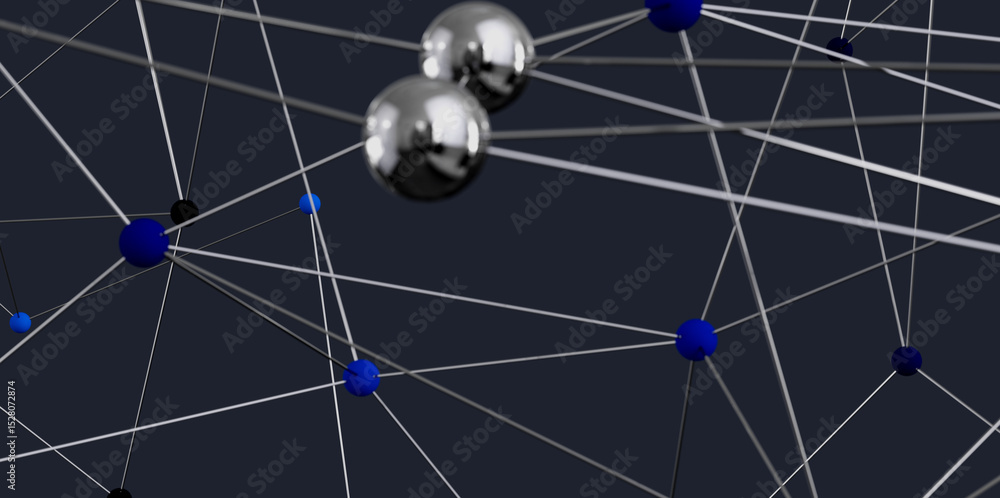 Fototapete 3D rendering of a complex network with nodes and connecting lines. Ideal for technology, connectivity, and communication concepts.