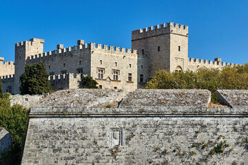 medieval, stone walls, towers and turrets of the castle of the Order of St. John on the island of Rhodes