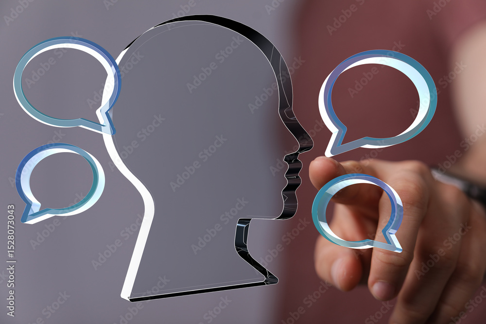 Poster Abstract image of a person interacting with digital speech bubbles, representing communication and feedback.