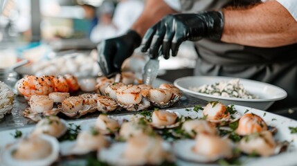 A professional chef meticulously prepares a platter of fresh seafood in a modern kitchen, emphasizing culinary skill, artistry, and the vibrant colors of gourmet dishes.