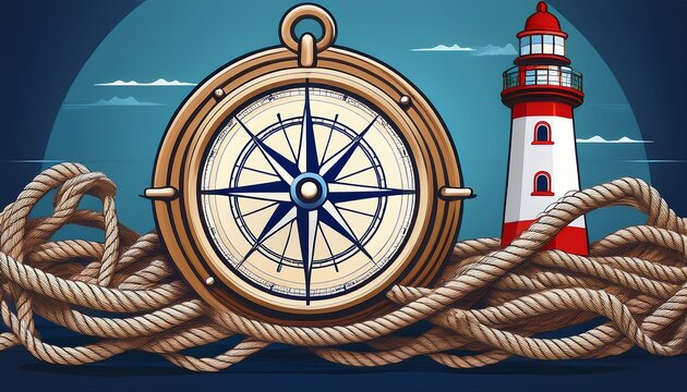 compass lighthouse and rope with a nautical knot the background is on the theme of sea travel pirates navigation etc