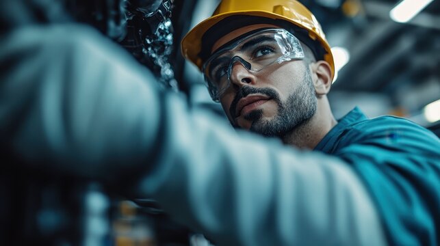 An industrial worker in safety gear focuses intently on machinery, showcasing dedication, craftsmanship, and the effectiveness of human effort in a dynamic work environment.
