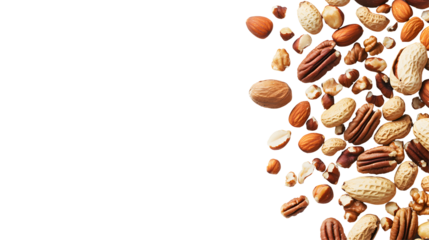 A close up of a variety of nuts including almonds, cashews, peanuts, and walnuts.