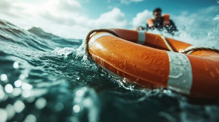 A lifebuoy floats in the tumultuous ocean, symbolizing hope and rescue amidst perilous conditions, evoking emotions of urgency and survival in challenging situations.