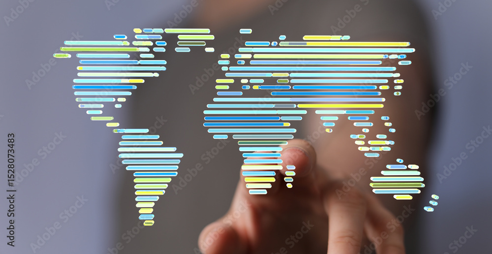 Poster Abstract world map visualization.  Digital networking, global connectivity concept.