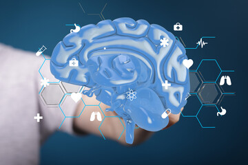 High-quality 3D rendering of a human brain with related medical icons. Perfect for healthcare,...
