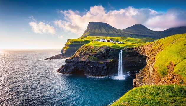 spectacular morning scene of mulafossur waterfall incredible summer view of gasadalur village vagar faroe islands denmark europe beauty of nature concept background
