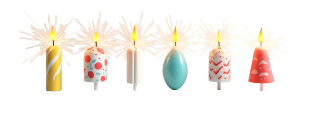 A row of five different colored candles with sparklers on them.