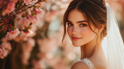 Young bride with natural makeup and a delicate veil smiles gently while standing among blossoming cherry trees, capturing the joy of her spring wedding day in soft sunlight.