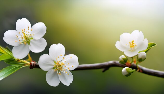 background with two white spring blossom flowres on branch