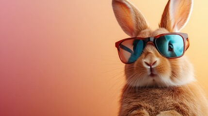 A stylish rabbit sporting reflective sunglasses poses against a soft, colorful gradient background, embodying a playful and fun aesthetic while captivating viewers.