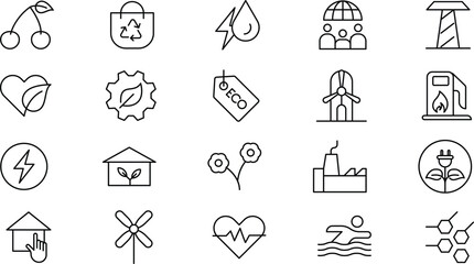 Sustainable Living Icons Eco-Friendly Line Art Graphics for Web and Print Projects, EPS Vector Illustrations
