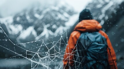 A lone hiker, clad in an orange jacket, navigates through a stunningly snowy mountain landscape, symbolizing adventure, exploration, and connection with nature.