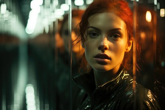 A captivating portrait of a woman surrounded by reflective mirrors, creating an ethereal and intriguing atmosphere that explores identity and perception through art.