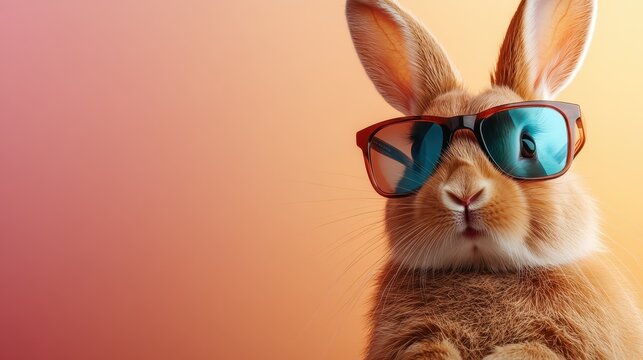 A stylish rabbit sporting reflective sunglasses poses against a soft, colorful gradient background, embodying a playful and fun aesthetic while captivating viewers. - Powered by Adobe