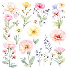 Beautiful watercolor floral set with hand-drawn summer wild field flowers, featuring clip art illustrations