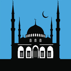 A striking silhouette of a mosque against a vibrant blue background, featuring elegant minarets and a crescent moon.