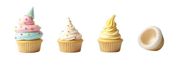 A close up of three cupcakes with different colored frosting.