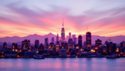 Obraz premium Blurry City Skyline Silhouette at Sunset with Purple and Pink Hues over Water Reflections