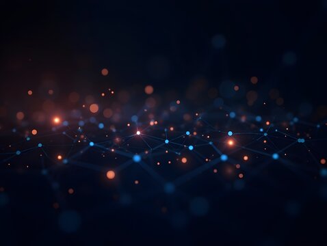 Futuristic Cyber Network Abstract with Glowing Orange Particles and Blue Lights