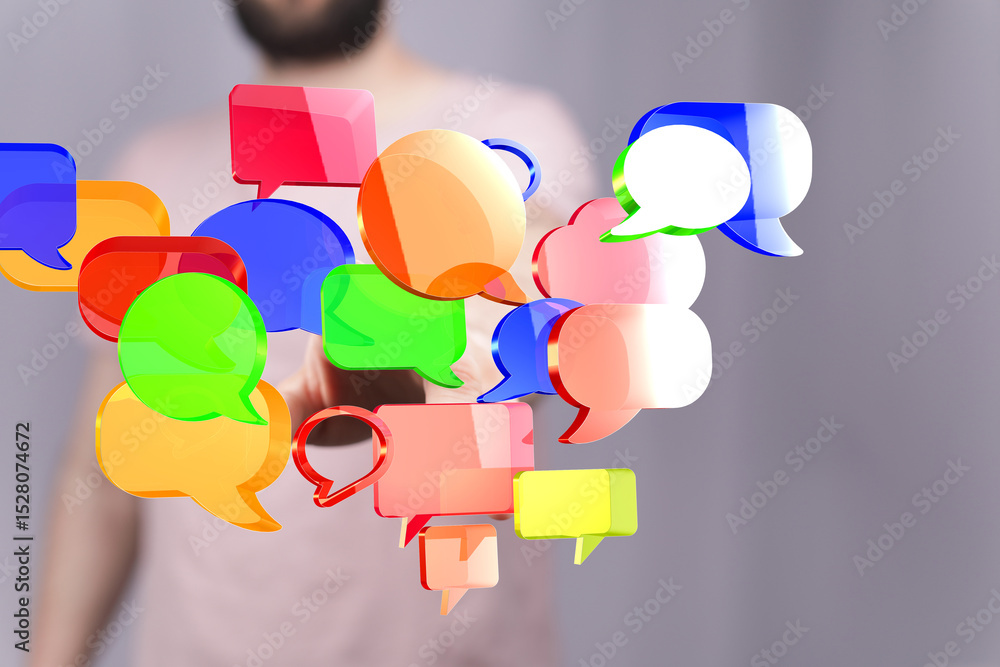 Poster abstract image of colorful speech bubbles, symbolizing communication, conversation, and connection.