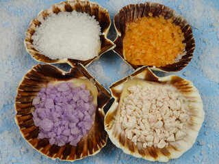 Scallop seashells, filling with different aromatic relaxing herbal sea bath salt are on a blue...
