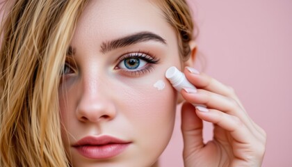 Close-Up Portrait of Young Woman Applying Skincare Product on Her Face Against a Pink Background