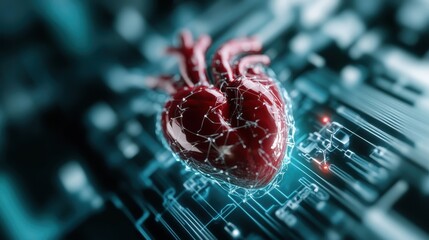 A stylized digital heart against a high-tech background represents the intersection of science, technology, and human emotions in modern society's evolution.