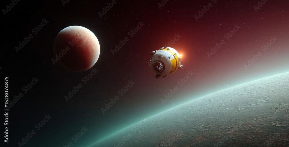 Aufkleber A small robot spacecraft navigates the atmosphere of an unknown planet while exploring its surface.
