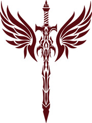A dramatic illustration of a sword with intricate designs and wings, symbolizing strength and valor.