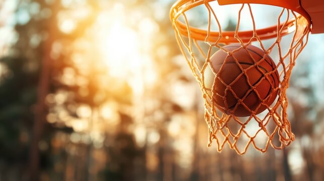 A perfectly aimed basketball hangs in a net against a dreamy sunset backdrop, capturing the excitement of the game, the thrill of success, and the beauty of sport and nature.