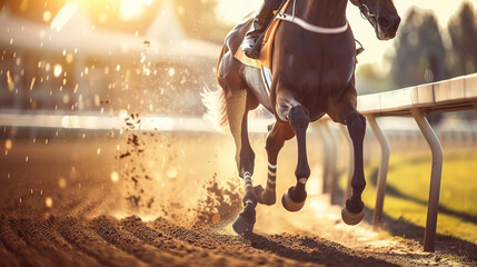 Powerful thoroughbred racehorse running at full speed on racetrack with dynamic motion and energy. Equestrian sports, horse racing competition and animal athleticism concept.