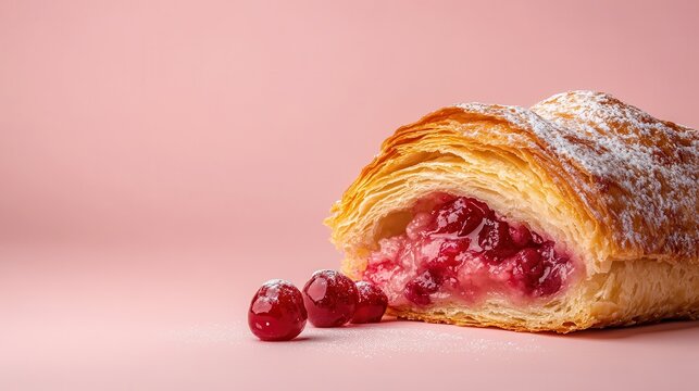 An enticing pastry filled with luscious cherries, beautifully arranged on a pastel background, evoking cravings for sweetness and delight through its rich colors and textures.