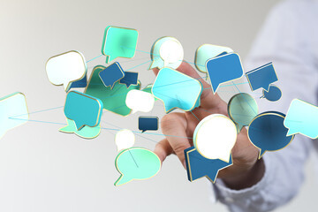 Abstract image of interconnected speech bubbles, symbolizing global communication and networking.