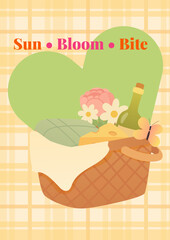 Vector Illustration of Summer Picnic Basket with Flowers, Cheese, Bottle and Butterfly on Plaid Background – "Sun, Bloom, Bite" Postcard Design