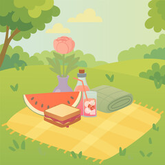 Picnic with Watermelon, Jam Sandwich, Cherry Drink, Blanket and Flower in Vase on Sunny Meadow Vector Illustration