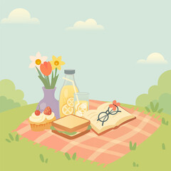 Vector Illustration of Picnic with Lemonade, Sandwich, Cupcake, Flowers and Book on Blanket in Summer Park