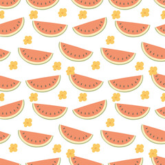 Seamless Vector Pattern with Watermelon Slices and Yellow Flowers on White Background