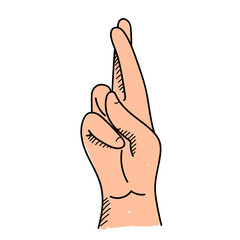 Hand with crossed fingers vector isolated. Hand-drawn illustration of human hand showing crossed finger as a form of good luck superstition. Hand gesture.