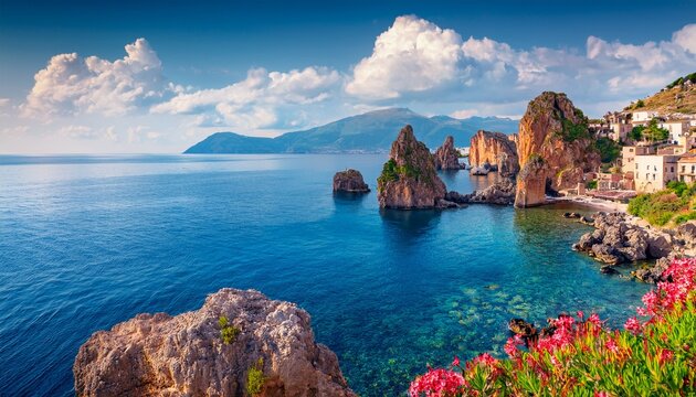 wonderful summer view of tonnara di scopello spectacular landscape of sicily italy europe impressive morning seascape of mediterranean sea traveling concept background