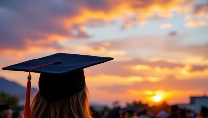 Silhouette of a Graduate in Cap and Gown Against a Vibrant Sunset Sky During Graduation Ceremony