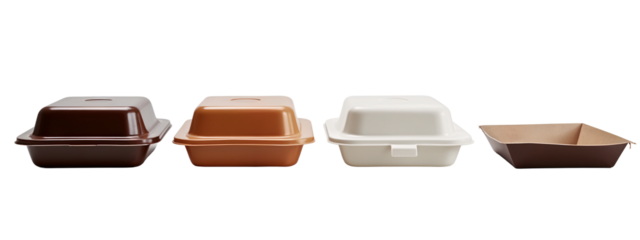 A set of four brown and white takeout containers