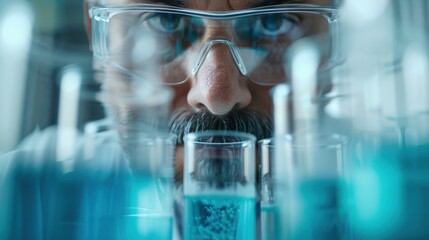 A focused scientist wearing glasses peers intently at colorful test tubes during an experiment, embodying dedication and the pursuit of knowledge in a scientific setting.