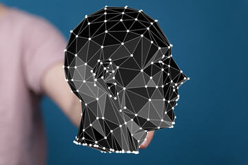 Abstract polygonal head graphic.  Concept for AI, machine learning, data analysis, and future tech.